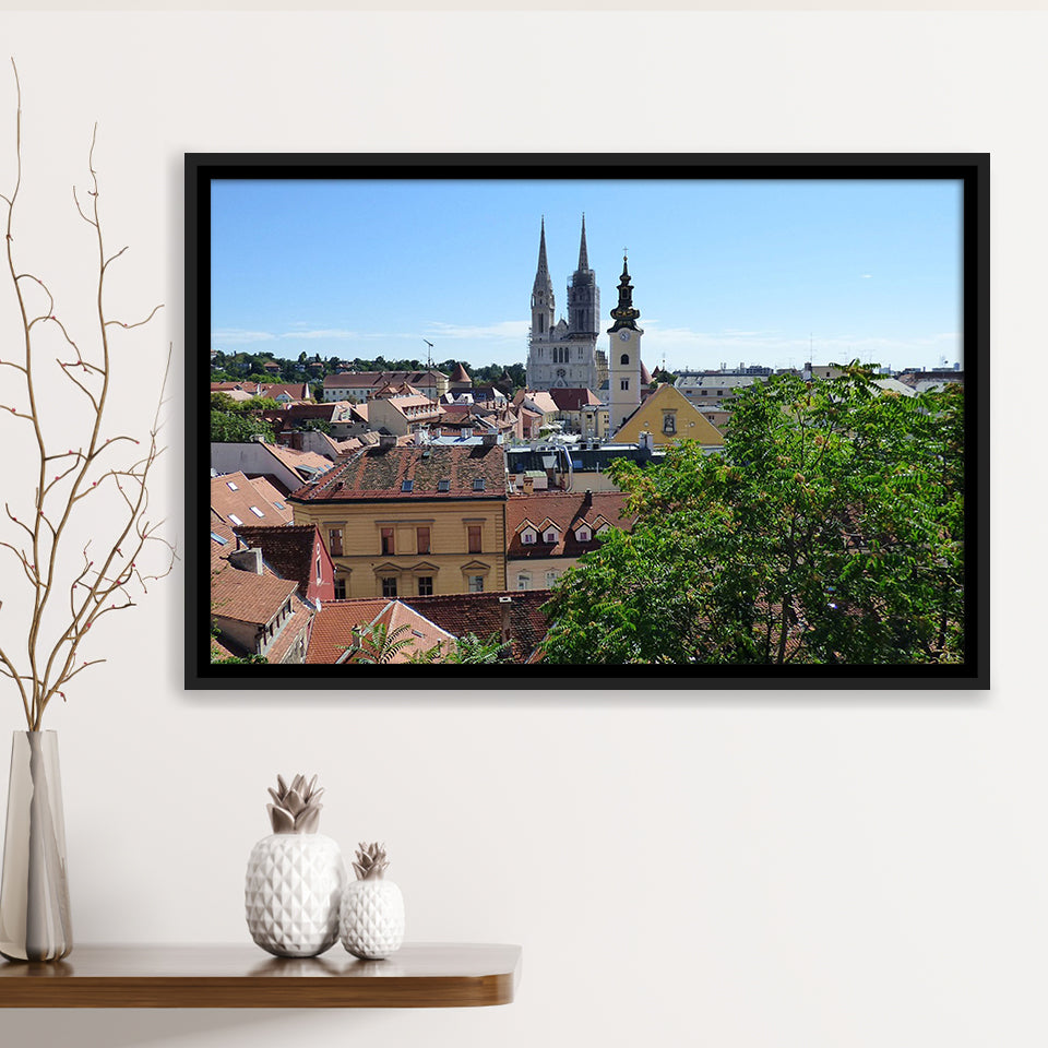 Zagreb Skyline, Zagreb Framed Canvas Prints Wall Art Decor, Black Floating Frame
