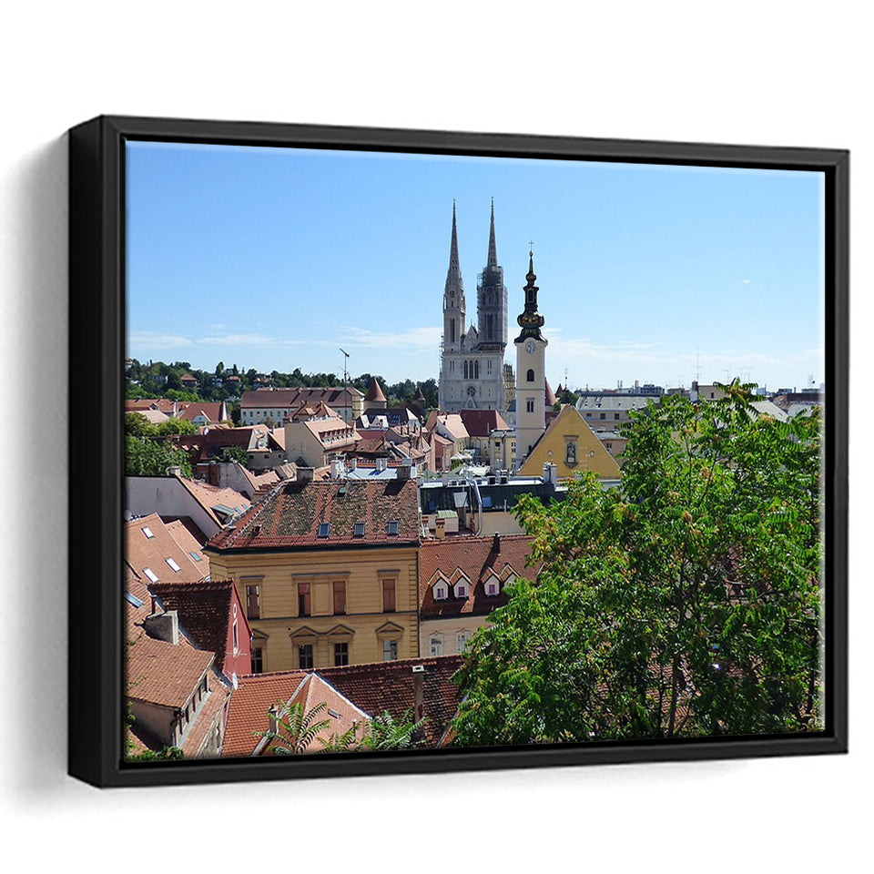 Zagreb Skyline, Zagreb Framed Canvas Prints Wall Art Decor, Black Floating Frame