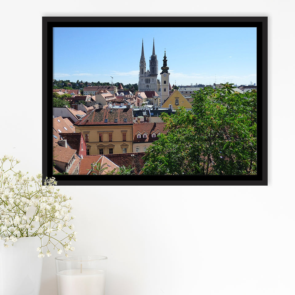 Zagreb Skyline, Zagreb Framed Canvas Prints Wall Art Decor, Black Floating Frame