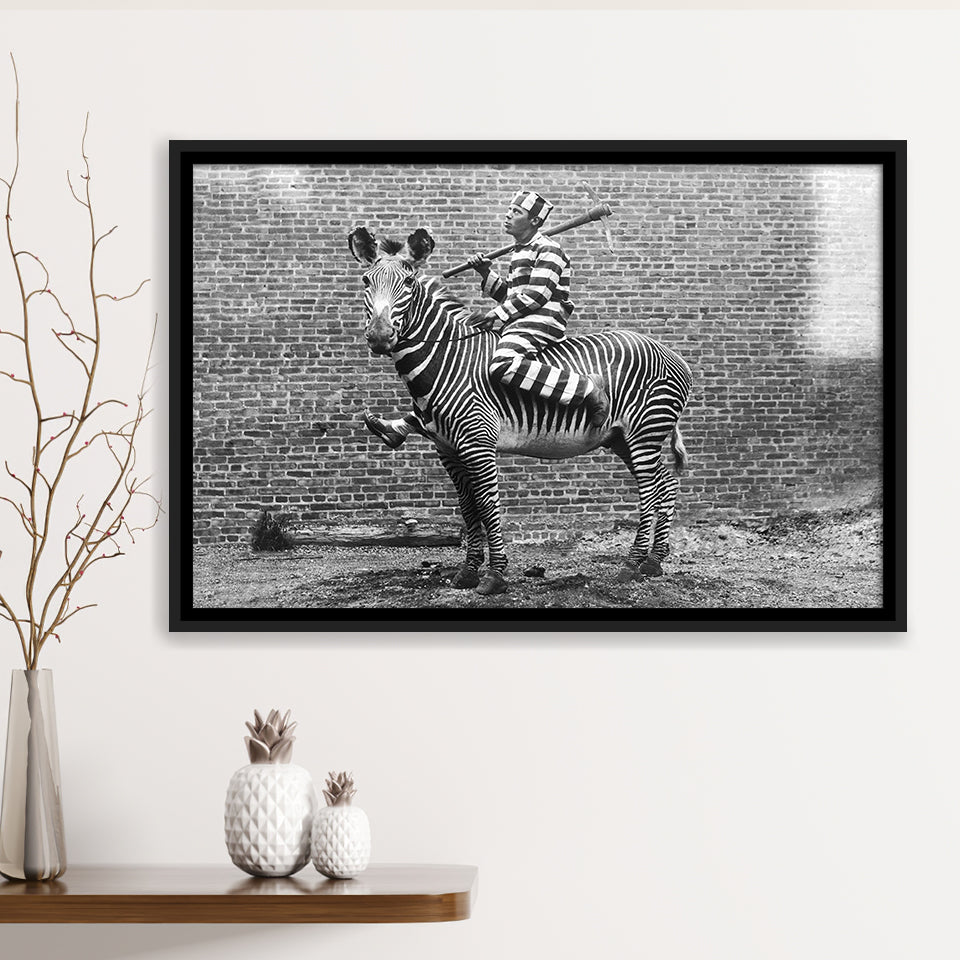 Zebra Prison Break Black And White Print, Comic Criminal Framed Canvas Prints Wall Art Home Decor,Floating Frame