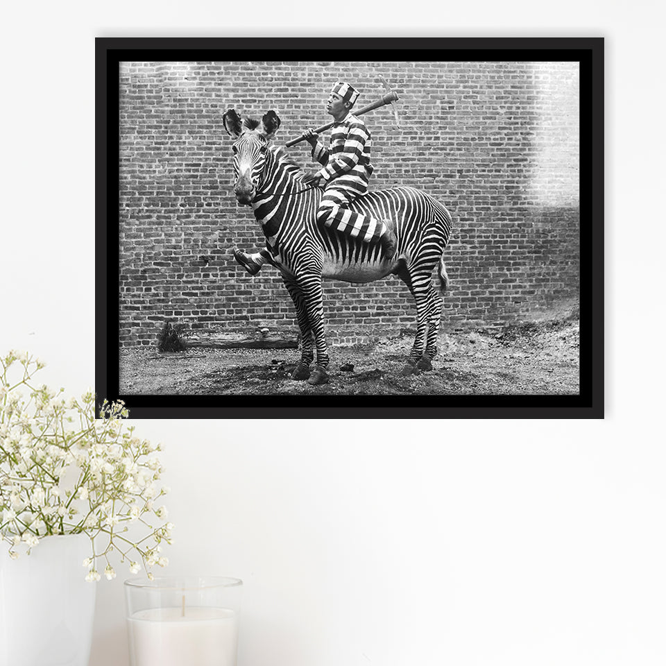 Zebra Prison Break Black And White Print, Comic Criminal Framed Canvas Prints Wall Art Home Decor,Floating Frame