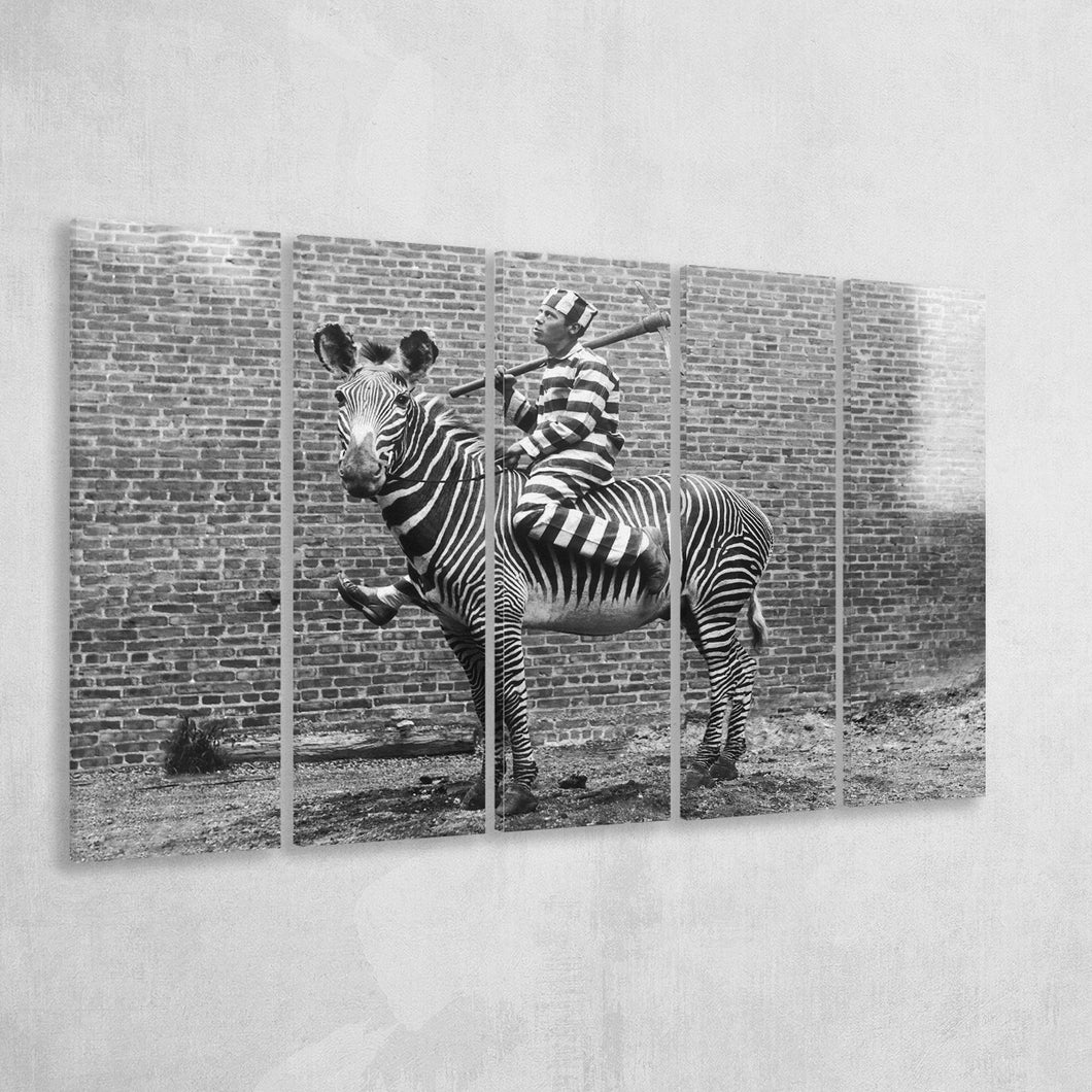 Zebra Prison Break Black And White Print, Comic Criminal Larger Canvas Art, 5 Piece Canvas Prints Wall Art Decor