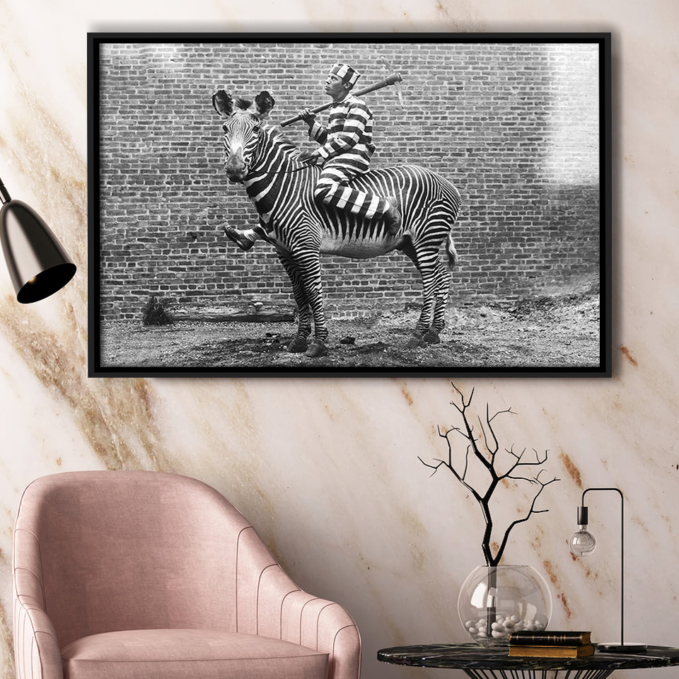 Zebra Prison Break Black And White Print, Comic Criminal Framed Canvas Prints Wall Art Home Decor,Floating Frame