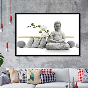 Zen Buddha With Orchids Framed Art Prints Wall Decor - Painting Art, Black Frame, Home Decor, Prints for Sale