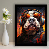 Bulldog Wearing Headphones And Glasses V4 Framed Art Prints Wall Decor, Painting Art, Framed Picture