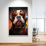 Bulldog Wearing Headphones And Glasses V4 Framed Canvas Prints Wall Art Home Decor, Painting Canvas, Floating Frame