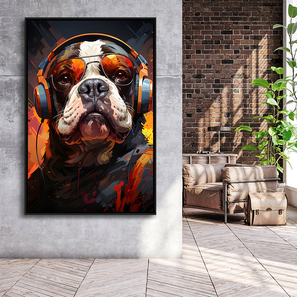 Bulldog Wearing Headphones And Glasses V4 Framed Canvas Prints Wall Art Home Decor, Painting Canvas, Floating Frame