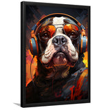 Bulldog Wearing Headphones And Glasses V4 Framed Art Prints Wall Decor, Painting Art, Framed Picture