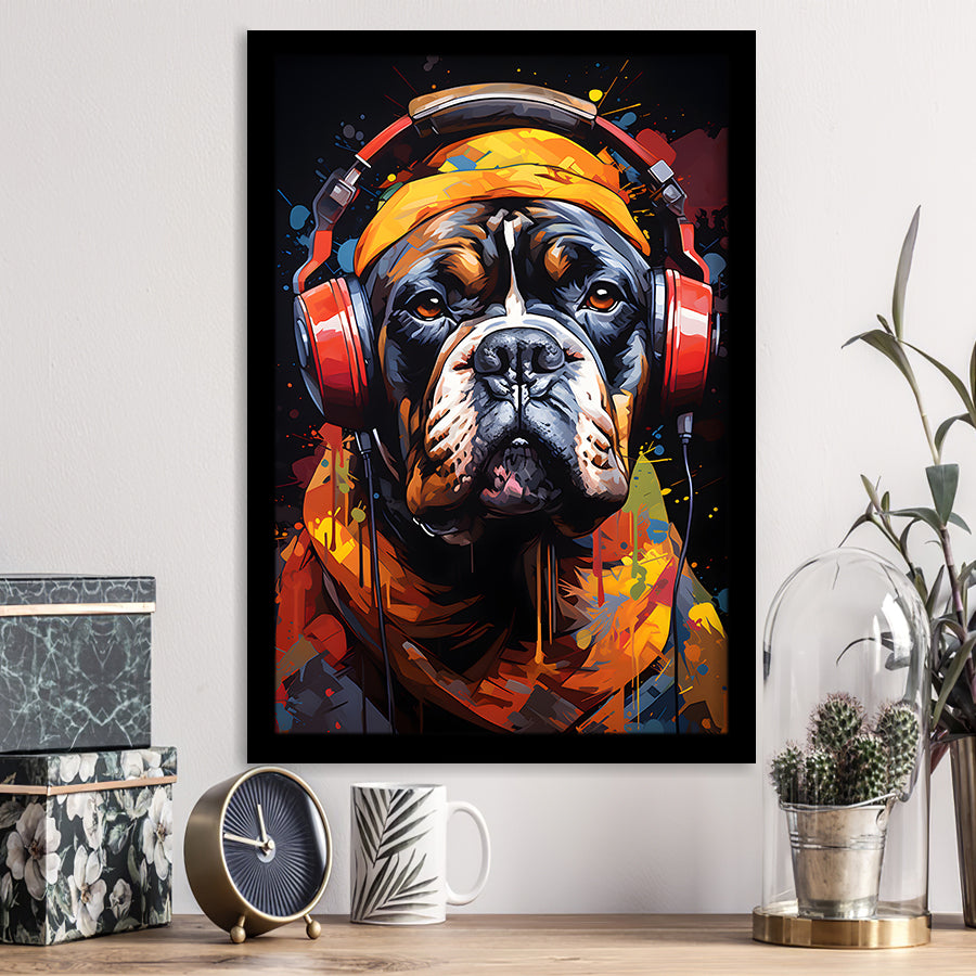 Bulldog Wearing Headphones V2 Framed Art Prints Wall Decor, Painting Art, Framed Picture