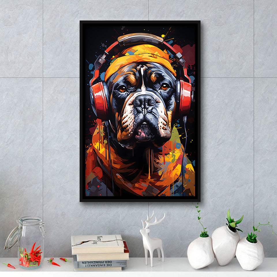 Bulldog Wearing Headphones V2 Framed Canvas Prints Wall Art Home Decor, Painting Canvas, Floating Frame