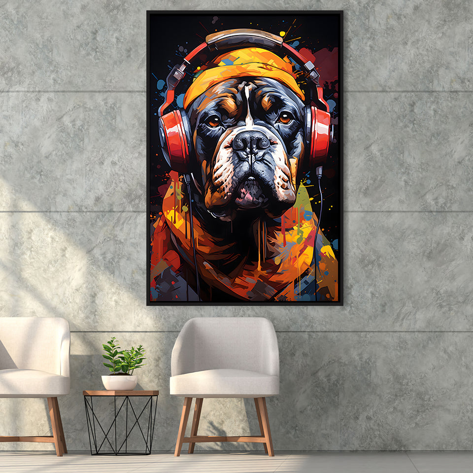 Bulldog Wearing Headphones V2 Framed Canvas Prints Wall Art Home Decor, Painting Canvas, Floating Frame