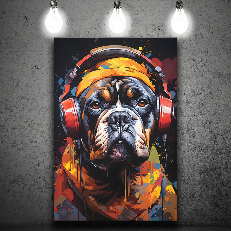 Bulldog Wearing Headphones V2 Canvas Prints Wall Art Home Decor, Painting Canvas, Living Room Wall Decor
