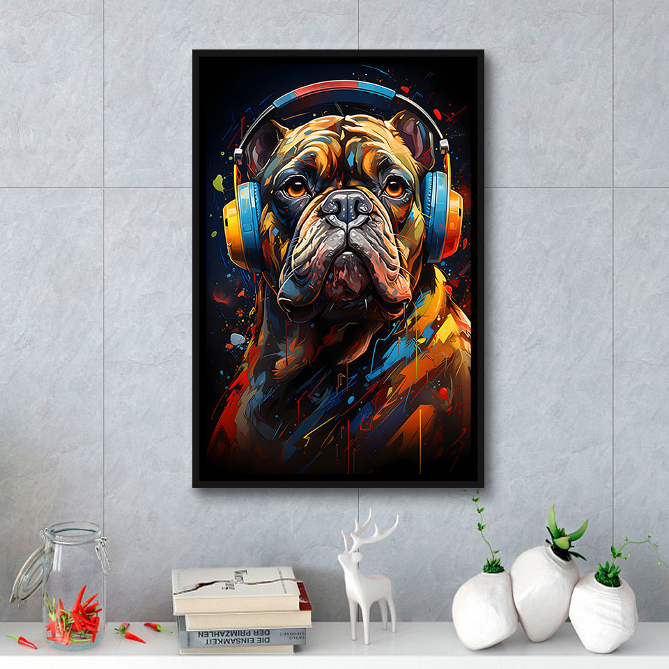 Bulldog Wearing Headphones V3 Framed Canvas Prints Wall Art Home Decor, Painting Canvas, Floating Frame