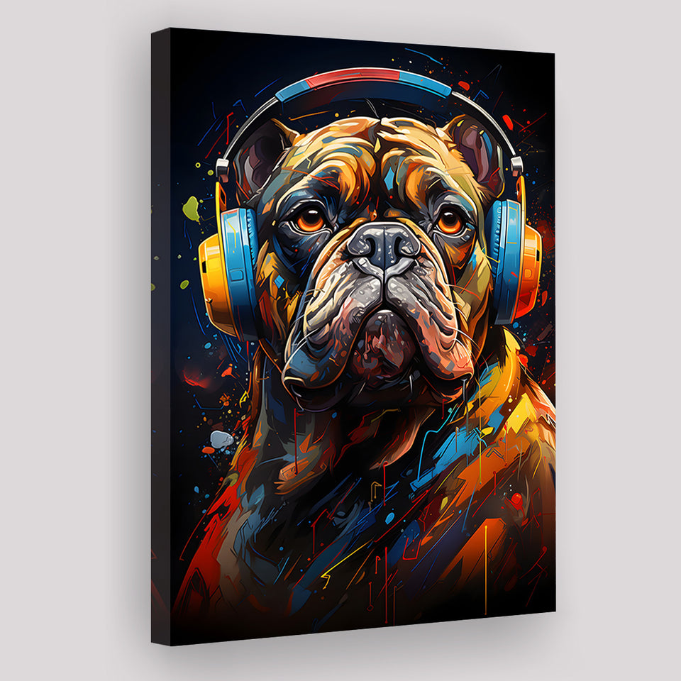 Bulldog Wearing Headphones V3 Canvas Prints Wall Art Home Decor, Painting Canvas, Living Room Wall Decor