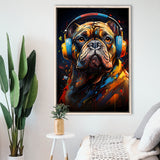 Bulldog Wearing Headphones V3 Framed Canvas Prints Wall Art Home Decor, Painting Canvas, Floating Frame