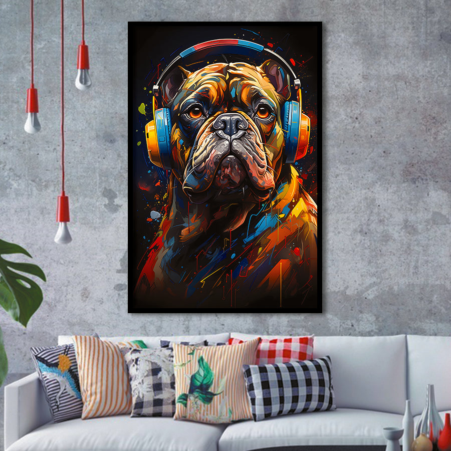 Bulldog Wearing Headphones V3 Framed Art Prints Wall Decor, Painting Art, Framed Picture