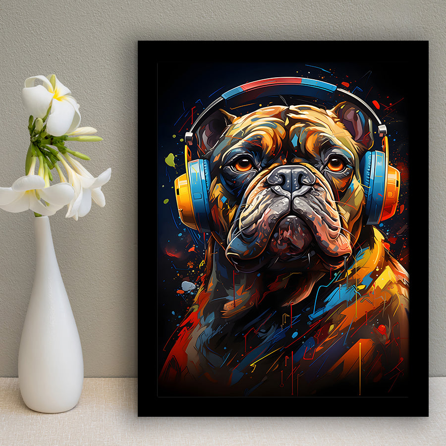 Bulldog Wearing Headphones V3 Framed Art Prints Wall Decor, Painting Art, Framed Picture
