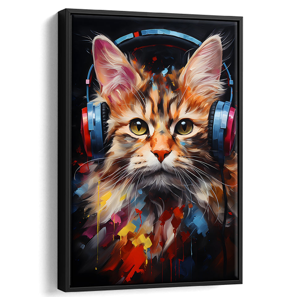 Cute Cat Wearing Headphones Colorful Framed Canvas Prints Wall Art Home Decor, Painting Canvas, Floating Frame