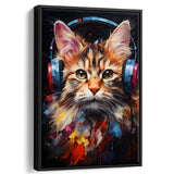 Cute Cat Wearing Headphones Colorful Framed Canvas Prints Wall Art Home Decor, Painting Canvas, Floating Frame