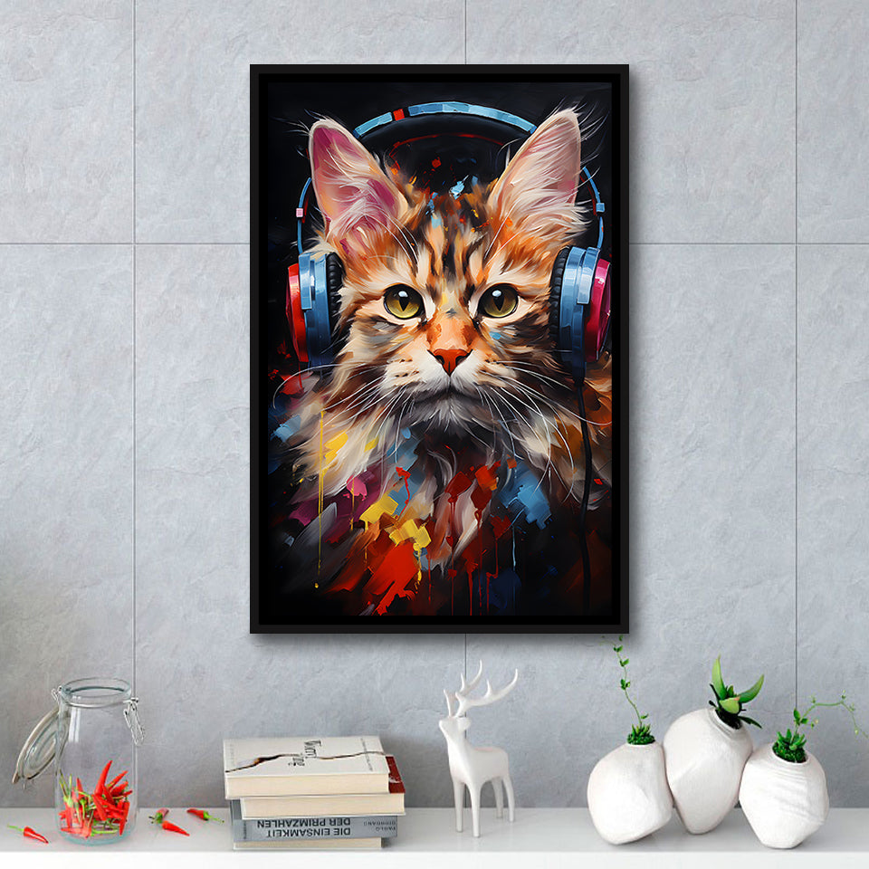 Cute Cat Wearing Headphones Colorful Framed Canvas Prints Wall Art Home Decor, Painting Canvas, Floating Frame