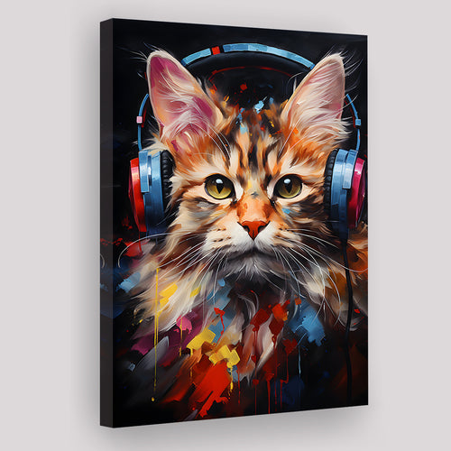 Cute Cat Wearing Headphones Colorful Canvas Prints Wall Art Home Decor, Painting Canvas, Living Room Wall Decor