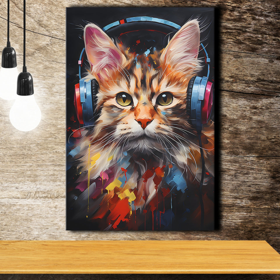 Cute Cat Wearing Headphones Colorful Canvas Prints Wall Art Home Decor, Painting Canvas, Living Room Wall Decor