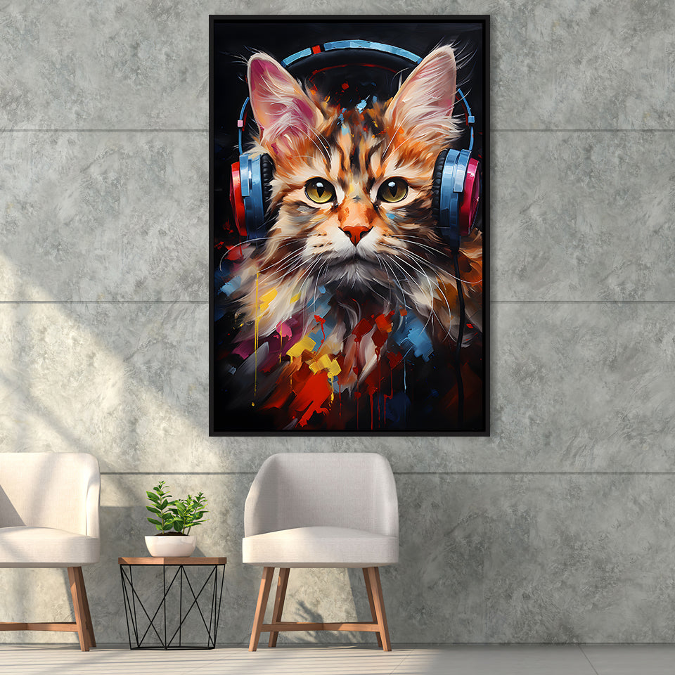 Cute Cat Wearing Headphones Colorful Framed Canvas Prints Wall Art Home Decor, Painting Canvas, Floating Frame