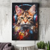 Cute Cat Wearing Headphones Colorful Canvas Prints Wall Art Home Decor, Painting Canvas, Living Room Wall Decor