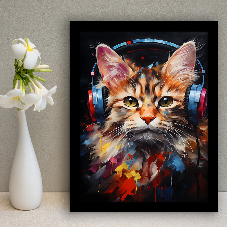 Cute Cat Wearing Headphones Colorful Framed Art Prints Wall Decor, Painting Art, Framed Picture