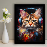 Cute Cat Wearing Headphones Colorful Framed Art Prints Wall Decor, Painting Art, Framed Picture