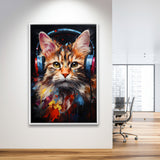Cute Cat Wearing Headphones Colorful Framed Canvas Prints Wall Art Home Decor, Painting Canvas, Floating Frame