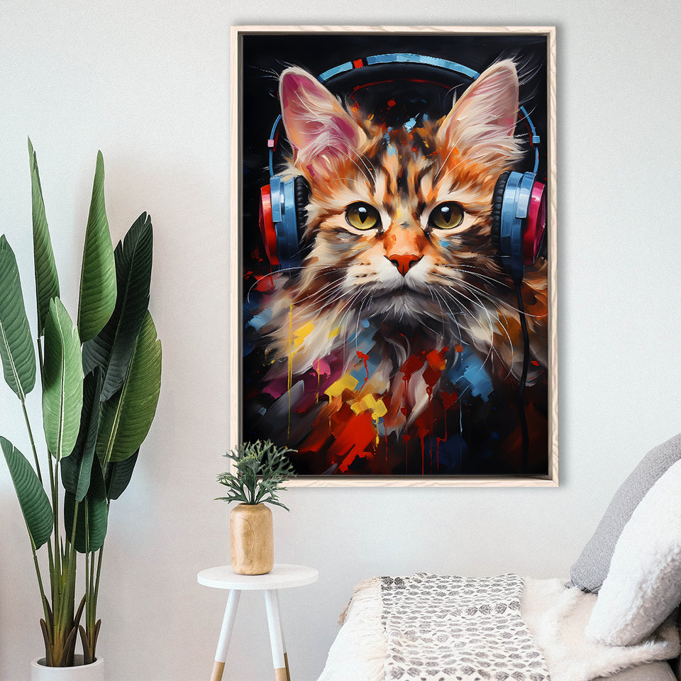 Cute Cat Wearing Headphones Colorful Framed Canvas Prints Wall Art Home Decor, Painting Canvas, Floating Frame