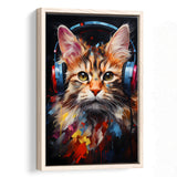 Cute Cat Wearing Headphones Colorful Framed Canvas Prints Wall Art Home Decor, Painting Canvas, Floating Frame