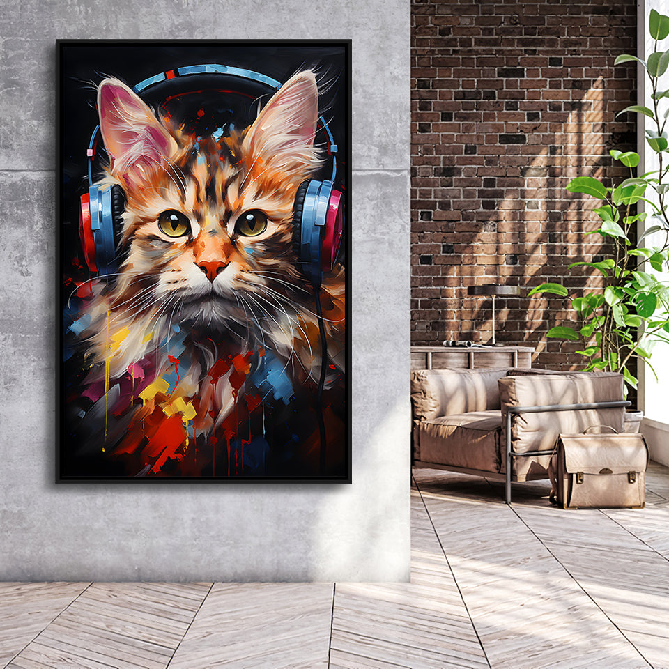 Cute Cat Wearing Headphones Colorful Framed Canvas Prints Wall Art Home Decor, Painting Canvas, Floating Frame