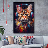 Cute Cat Wearing Headphones Colorful Framed Art Prints Wall Decor, Painting Art, Framed Picture