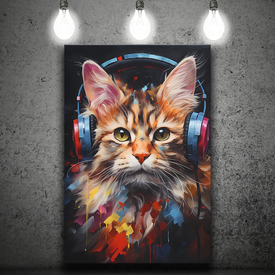 Cute Cat Wearing Headphones Colorful Canvas Prints Wall Art Home Decor, Painting Canvas, Living Room Wall Decor