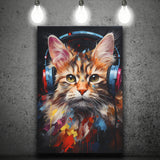 Cute Cat Wearing Headphones Colorful Canvas Prints Wall Art Home Decor, Painting Canvas, Living Room Wall Decor