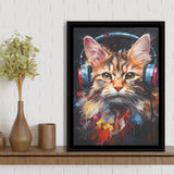 Cute Cat Wearing Headphones Colorful Framed Canvas Prints Wall Art Home Decor, Painting Canvas, Floating Frame