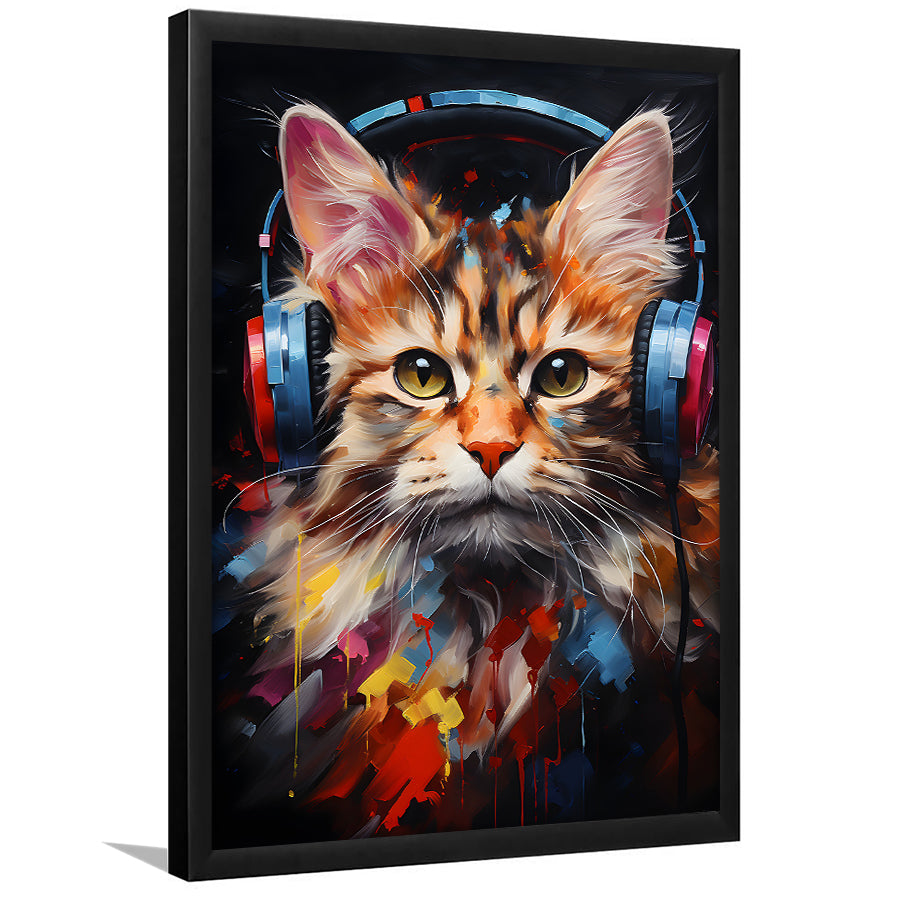 Cute Cat Wearing Headphones Colorful Framed Art Prints Wall Decor, Painting Art, Framed Picture