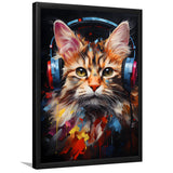 Cute Cat Wearing Headphones Colorful Framed Art Prints Wall Decor, Painting Art, Framed Picture