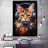 Cute Cat Wearing Headphones Colorful Framed Art Prints Wall Decor, Painting Art, Framed Picture