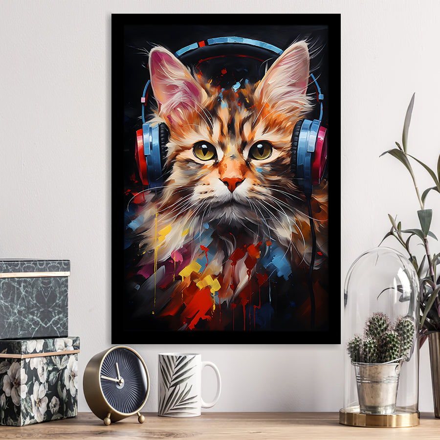 Cute Cat Wearing Headphones Colorful Framed Art Prints Wall Decor, Painting Art, Framed Picture