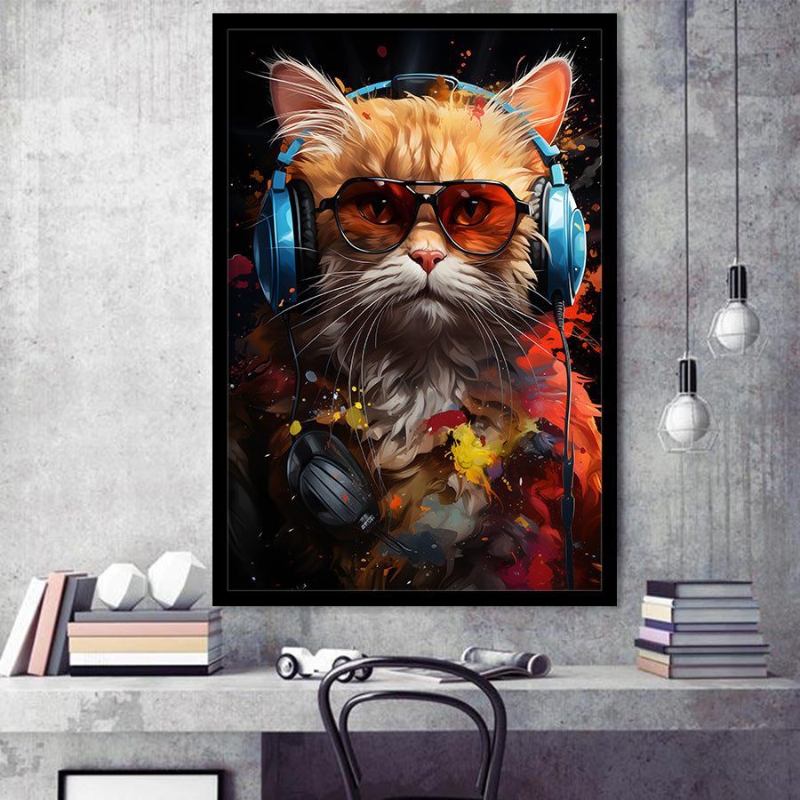 Cute Cat Wearing Headphones With Sunglasses Framed Art Prints Wall Decor, Painting Art, Framed Picture