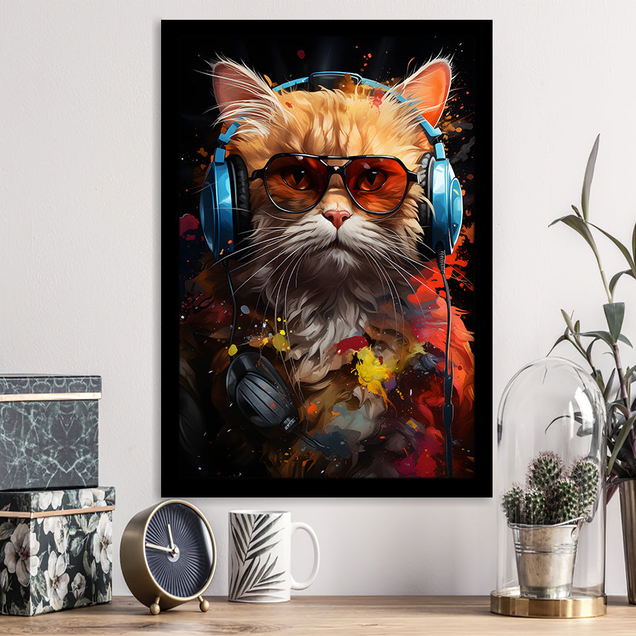 Cute Cat Wearing Headphones With Sunglasses Framed Art Prints Wall Decor, Painting Art, Framed Picture