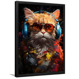 Cute Cat Wearing Headphones With Sunglasses Framed Art Prints Wall Decor, Painting Art, Framed Picture