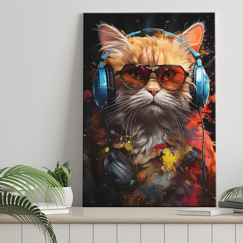 Cute Cat Wearing Headphones With Sunglasses Canvas Prints Wall Art Home Decor, Painting Canvas, Living Room Wall Decor