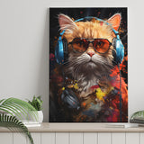 Cute Cat Wearing Headphones With Sunglasses Canvas Prints Wall Art Home Decor, Painting Canvas, Living Room Wall Decor
