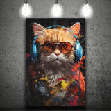 Cute Cat Wearing Headphones With Sunglasses Canvas Prints Wall Art Home Decor, Painting Canvas, Living Room Wall Decor