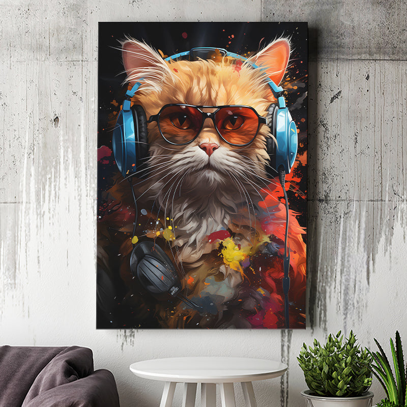 Cute Cat Wearing Headphones With Sunglasses Canvas Prints Wall Art Home Decor, Painting Canvas, Living Room Wall Decor