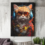 Cute Cat Wearing Headphones With Sunglasses Canvas Prints Wall Art Home Decor, Painting Canvas, Living Room Wall Decor